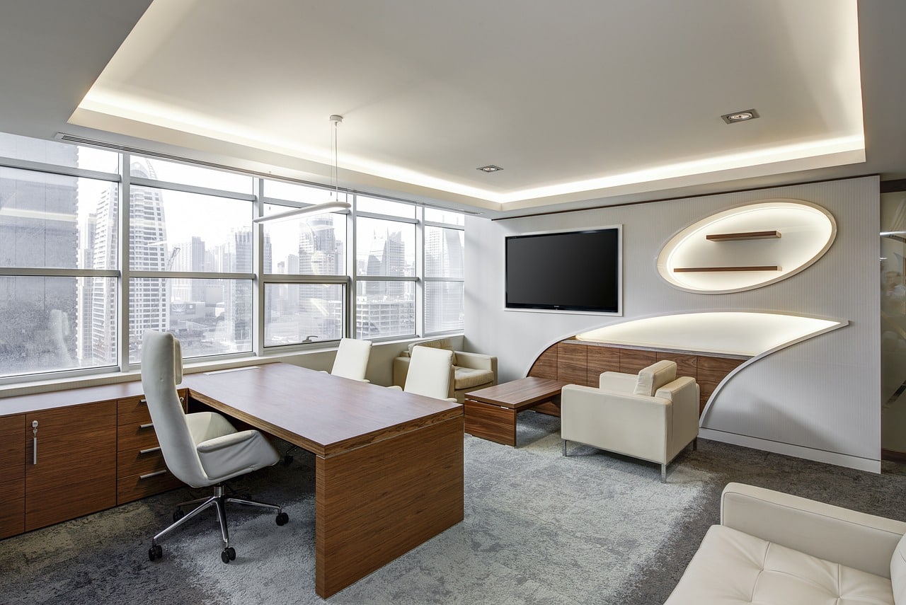 clean office with contemporary lighting