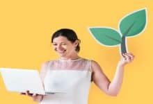 woman holding plant icon using laptop 53876 65371