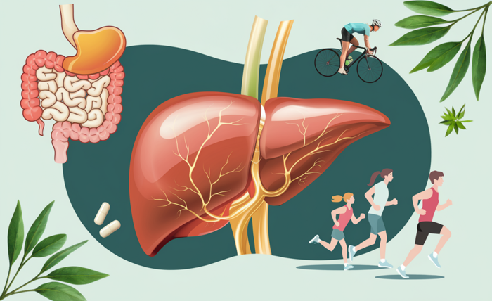 The image elegantly portrays the health benefits of Serrapeptase with symbolic elements like a vibrant liver and digestive system imagery set against a backdrop..
